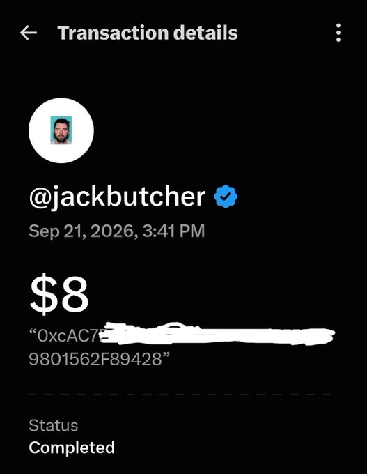 A transaction details screen on a mobile payment app shows an $8 completed transaction from @jackbutcher dated Sep 21, 2026.