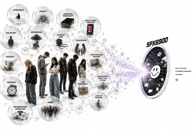 An illustrative graphic showing people trapped in bubbles labeled with modern anxieties like loneliness, depression, and burnout, while a coin labeled '$PX6900' emits a frequency described as 'NOT A SOLUTION. A DIFFERENT FREQUENCY.'