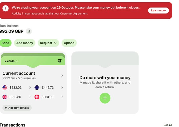 A screenshot of a digital wallet or banking app showing a 'Total balance' of '992.09 GBP' and a red alert banner stating, 'We're closing your account on 29 October.'