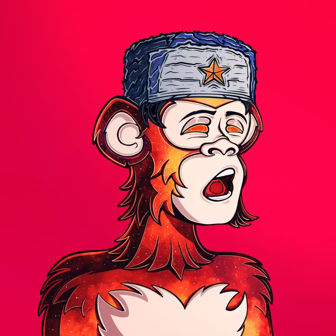 A stylized cartoon monkey NFT from the Primals collection, featuring a cosmic red and orange body with a star-adorned cap, appears as the giveaway prize for PRIMAL #429 in the Halos on Sol and Primals NFT Twitter giveaway contest.