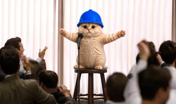 An orange cat wearing a blue hard hat stands on a stool with outstretched paws in front of a microphone, surrounded by an applauding audience.