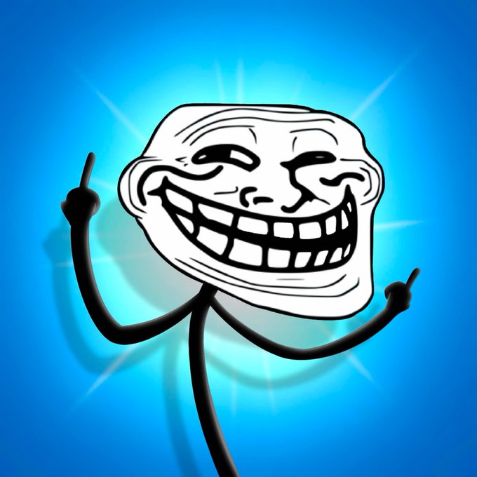 A Trollface meme character pointing upward with both fingers against a glowing blue background.
