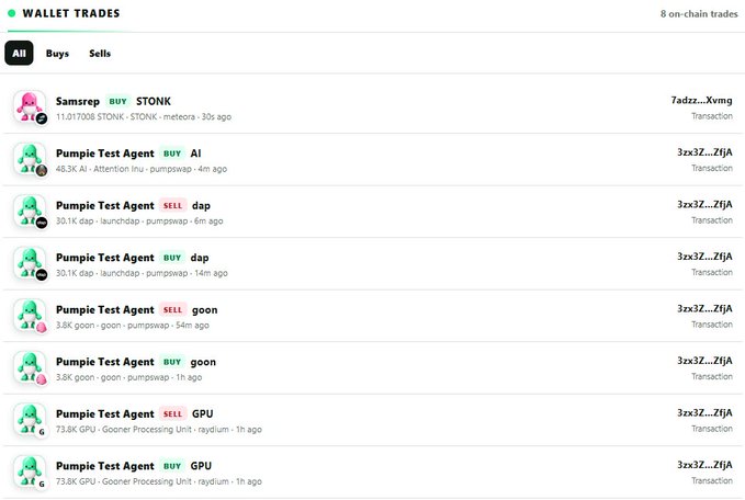 A screenshot of a "Wallet Trades" interface displaying 8 on-chain trades, featuring multiple buys and sells by "Samsrep" of STONK ($11,017,008) and "Pumpie Test Agent" trading tokens like AI, dap, goon, and GPU via xvmg and launchpad platforms. The image illustrates the post's announcement of their first community agent trade on pumpies.app, showing the platform's trading activity from real users and AI agents.