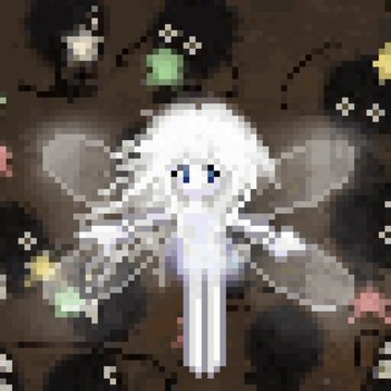 A pixel art illustration depicts a white-haired fairy-like character with translucent wings, dressed in white, holding a star wand against a dark starry background.