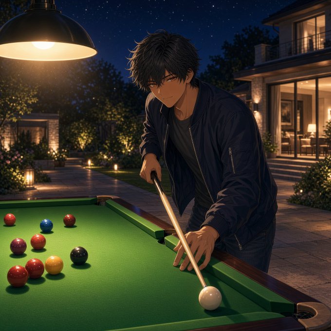 An anime-style illustration depicts a young man with messy dark hair playing pool at night in an upscale outdoor patio, aiming his cue stick at the white cue ball under a hanging lamp.
