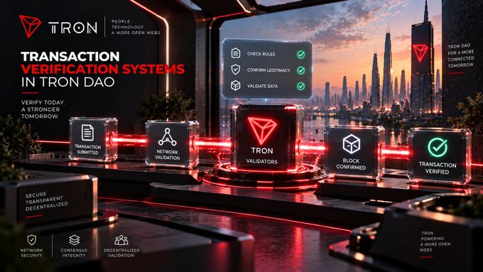 A promotional graphic for 'TRON DAO' showcasing transaction verification systems with elements like 'Transaction Submitted', 'Network Validation', 'TRON Validators', 'Block Confirmed', and 'Transaction Verified'.