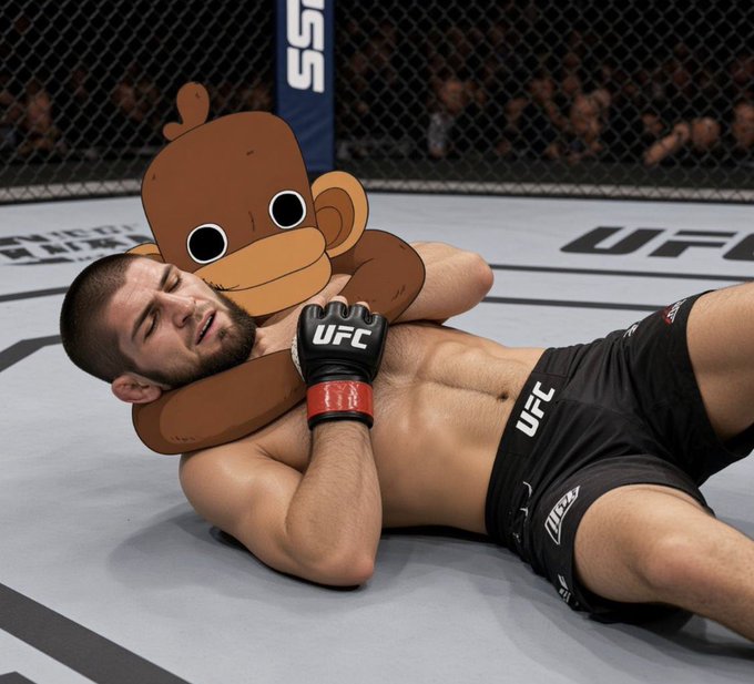 A UFC fighter lying on the mat wearing black UFC gloves and shorts, with a cartoon monkey emoji superimposed over his head.
