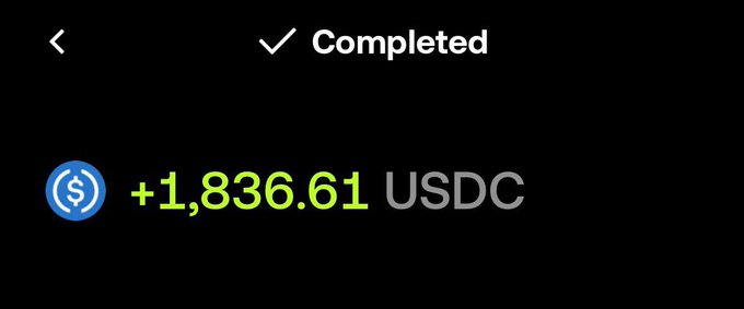 A dark screen shows a completed transaction confirmation displaying a green '+1,836.61 USDC' with a USDC logo and a checkmark.