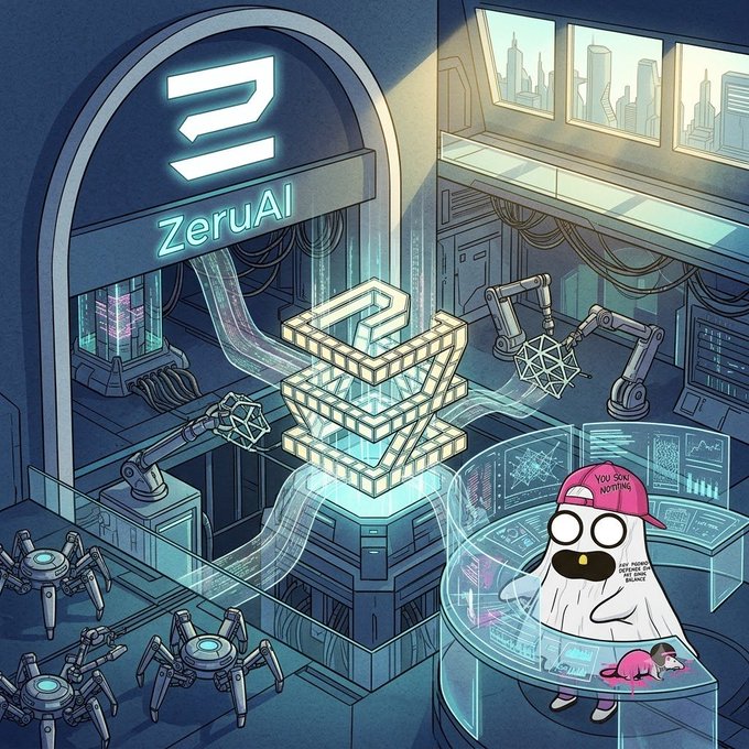 A stylized sci-fi illustration showing a 'ZeruAI' facility with robotic arms, holographic displays, and a cartoon bird-like figure with a pink hat that says 'YOU SIGN NOTHING'.