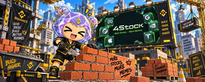 A cheerful chibi character with purple hair wearing a hard hat and Binance jacket builds a brick wall labeled "MORE STOCKS MORE MEMES," standing in front of a construction site featuring a "4Stock - More Stocks - More Memes" billboard alongside Binance, Apple, and Google logos, visually representing the post's message about Binance bridging traditional stocks and crypto assets on-chain.