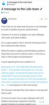 A screenshot shows a message titled 'A message to the Lido team' from user 'Akusairya', with highlighted text mentioning 'polygonfinance $LDOG' and '@lidofinance $LDO' along with criticisms of the project's market performance.