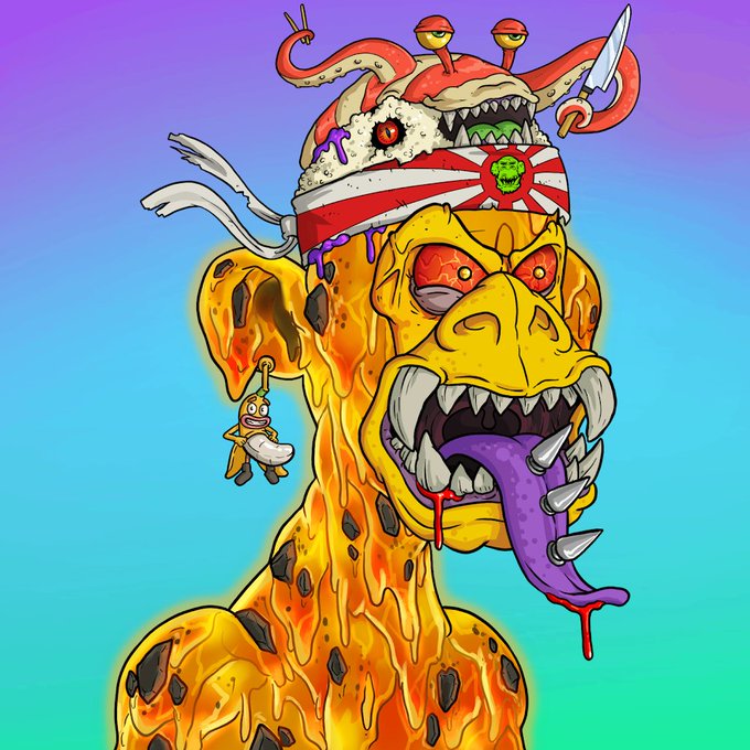 The image features a cartoon character with a face painted like a monster, wearing a hat that has a red circle with a white line through it. The character's mouth is wide open, revealing sharp teeth, and its tongue appears to be sticking out in a playful manner. The background of the image is blue, which contrasts with the yellow color of the character's skin. There are also some text elements present in the image that read "GM GM Happy new month It' s summer time @MutantsOnSol".