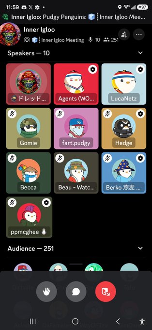An Inner Igloo meeting screenshot titled 'Inner Igloo: Pudgy Penguins' showing speakers like 'Agents (WO...)', 'LucaNetz', 'Gomie', 'fart.pudgy', 'Hedge', 'Becca', 'Beau - Watc...', 'Berko', and 'ppmcghee'.