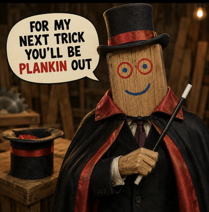A magician character with a wooden plank for a head and a drawn-on smile, wearing a top hat and cape, says 'FOR MY NEXT TRICK YOU'LL BE PLANKIN OUT' in a speech bubble.