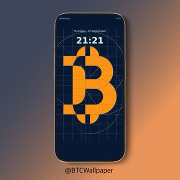 A smartphone wallpaper mockup featuring a large orange Bitcoin 'B' logo on a dark blue geometric background with a grid pattern, displaying the time 21:21 and date Thursday, 11 September, credited to @BTCWallpaper.