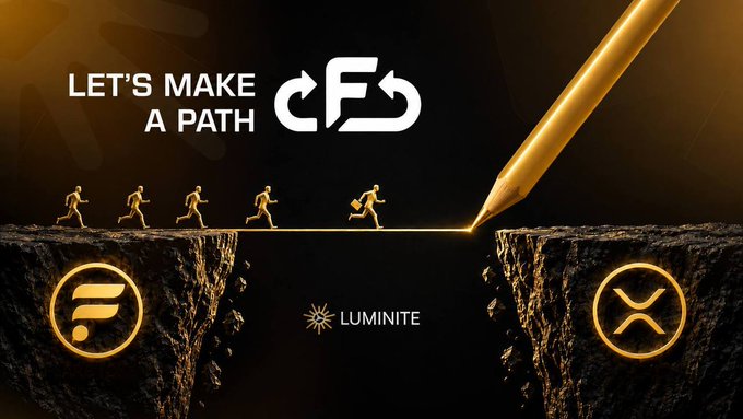 A promotional graphic reading 'LET'S MAKE A PATH' with a stylized 'CF' logo and 'LUMINITE' branding, showing golden figures running across a chasm as a pencil draws a bridge connecting two cliffs marked with cryptocurrency symbols.