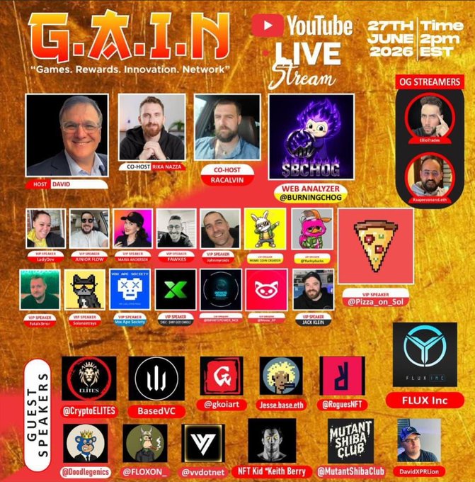 The image is a promotional graphic for a "G.A.I.N. YouTube Live Stream" on June 27th, 2026 at 2PM EST, hosted by David with co-hosts Rika Wazze and Racalvin, featuring OG streamers, VIP speakers (including @Pizza_on_Sol), and guest speakers like @CryptoELITES, @gkoiar, @MutantShibaClub, and DavidXPLion, all tying into the post's announcement that "Pizza goes Live 2PM EST" on YouTube.