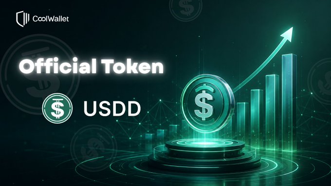 The image shows a CoolWallet promotional graphic featuring "Official Token USDD" alongside a glowing green dollar coin, an upward-pointing arrow, and rising bar charts symbolizing growth. It visually reinforces the post's message about decentralized finance, illustrating how expanded wallet support for USDD empowers users with greater control and flexibility over their assets.