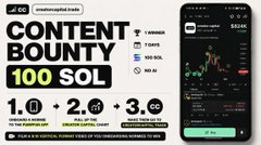 The image promotes a "Content Bounty" of 100 SOL from Creator Capital, displayed alongside a mobile trading chart showing the $CCC token with a 512.59 value. The graphic outlines a 1M+ tokens, 4+ contributors, and 10K+ engagements to qualify, directly supporting the post's announcement of a 100 SOL prize waiting for a creator who can spark curiosity about Creator Capital over 7 days.