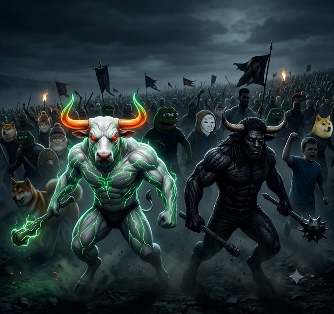A dramatic battle scene featuring a glowing white bull with green energy and a black minotaur wielding weapons, charging forward with an army of meme characters including Pepe, Doge, and Wojak behind them under stormy skies.