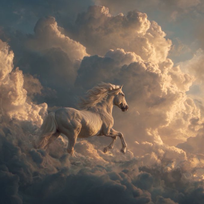 A fantasy digital artwork of a majestic white horse with a flowing mane galloping through dramatic, sunlit clouds.