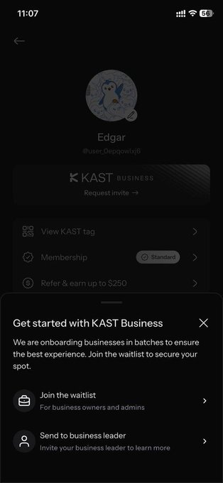 A mobile app screenshot showing a KAST profile page for user 'Edgar' (@user_0oigpowixp) with a Standard membership tier, featuring a prompt to 'Get started with KAST Business' and options to join the waitlist or send to a business leader.
