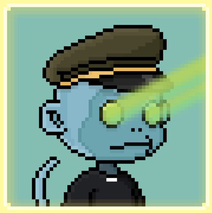 A pixel art style illustration of a blue-skinned character wearing a green military-style cap and dark shirt, shooting green laser beams from glowing green eyes against a teal background.