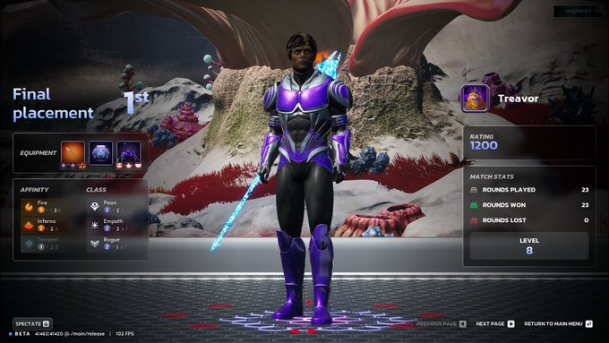 A video game post-match screen showing 'Final placement 1st' with a character named 'Treavor' in purple armor holding a glowing blue sword, displaying stats of 23 rounds played, 23 rounds won, 0 rounds lost, rating 1200, and level 8.