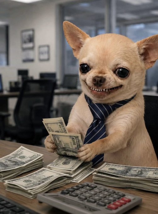 A small Chihuahua dog wearing a blue striped tie sits at a desk in an office, smiling while holding stacks of US dollar bills with a calculator in front of it.