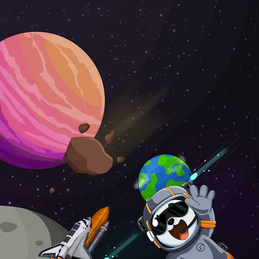 An illustrated scene of space featuring a dog wearing a space helmet, a small rocket, a pink and orange planet, and a tiny Earth in the background among asteroids.