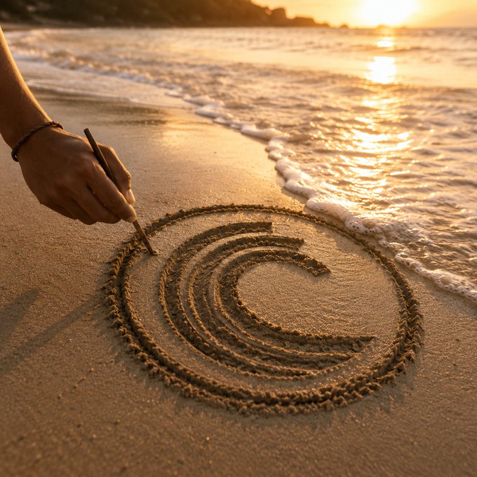 A hand draws a spiral maze pattern in the sand on a beach during a golden sunset.