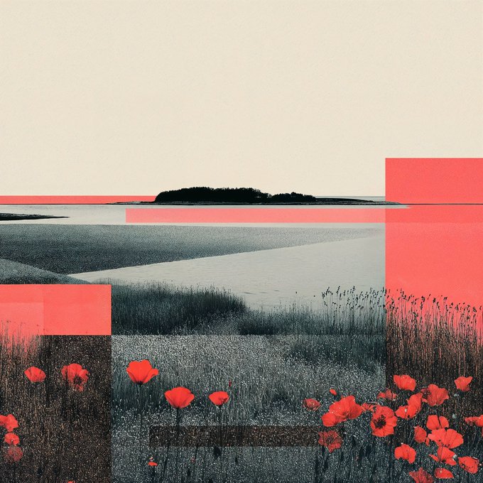A stylized landscape featuring a black-and-white photograph of a field and water, overlaid with bright red rectangular blocks and red flowers.
