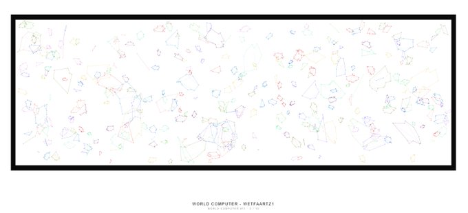 A black-bordered frame contains scattered colorful constellation drawings, with the text 'WORLD COMPUTER - WETFAART21' printed below.
