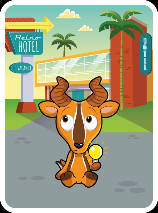 A cartoon antelope character with big brown horns holds a glowing yellow lightbulb in front of a retro motel featuring a "Retro Hotel" sign, a "No Vacancy" sign, and a vertical "MOTEL" sign against a palm tree backdrop. The image ties to the @LiggyNFT tag by introducing the character, fitting the playful VeeFriends NFT art style of personified animals in vibrant, storybook settings.