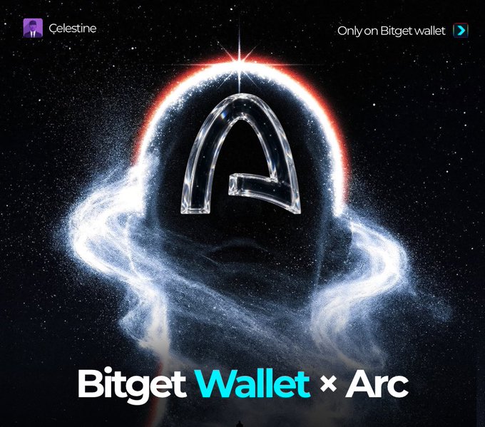 A cosmic-themed promotional graphic announces the "Bitget Wallet × Arc" partnership, featuring a translucent letter "A" encircled by glowing particle rings against a starry black background, with the "Celestine" logo in the top-left corner and the tagline "Only on Bitget wallet" in the top-right. The image visually reinforces the post's announcement of Arc mainnet launching with Bitget Wallet as a Day 1 partner for Circle's new L1 blockchain.