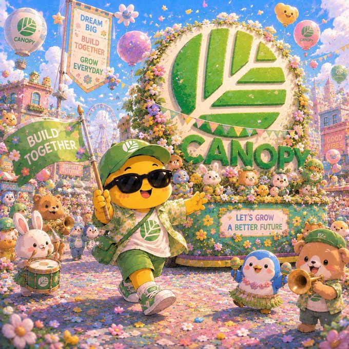A colorful digital illustration featuring a yellow mascot character wearing a green cap and sunglasses, holding a 'BUILD TOGETHER' flag, with 'CANOPY' branding, 'DREAM BIG BUILD TOGETHER GROW EVERYDAY', and 'LET'S GROW A BETTER FUTURE' signage.