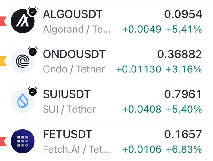 A crypto trading screenshot showing four pairs—all priced against Tether (USDT)—gaining value: ALGO (+5.41% to 0.0954), ONDO (+3.16% to 0.36882), SUI (+5.40% to 0.7961), and FET (+6.83% to 0.1657), visually reinforcing the post's bullish "send my bags to Mars 🚀" sentiment for those exact four tickers.