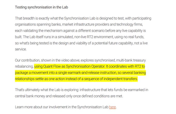 A webpage titled 'Testing synchronisation in the Lab' describes using Quant Flow as a Synchronisation Operator to package bank movements into a single earmark-and-release instruction, with the highlighted text.