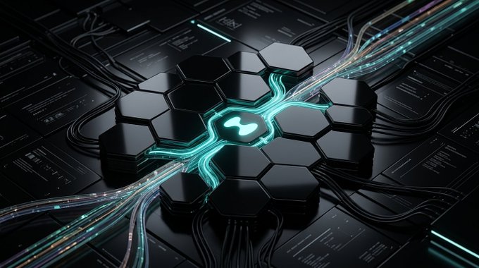 A 3D rendered digital illustration featuring black hexagonal tiles on a circuit board with glowing teal and multicolored light trails flowing through them, centered around a tile with a 'v'-like symbol.