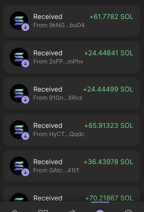 A mobile app screenshot shows multiple SOL cryptocurrency transactions received, with amounts including +61.7782 SOL, +24.44641 SOL, and +65.91323 SOL from various sender addresses.