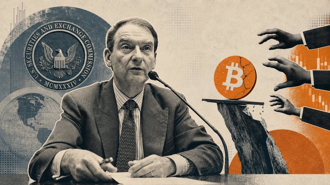 A sepia-toned illustration shows SEC Chairman Paul Atkins speaking at a podium with the "U.S. SECURITIES AND EXCHANGE COMMISSION MCMXXXIV" seal behind him, while multiple hands reach toward an orange Bitcoin coin, reflecting the post's news that the SEC has canceled its crypto rules meeting amid ongoing BTC and ETH market activity.