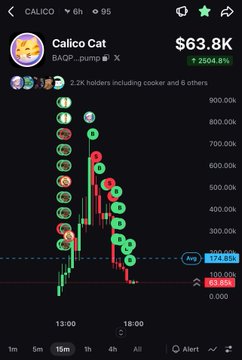 Cryptocurrency chart showing Calico Cat ($ACP) with a price of $63.8K, displaying a significant pump of +2504.8% and a 6-hour price graph.