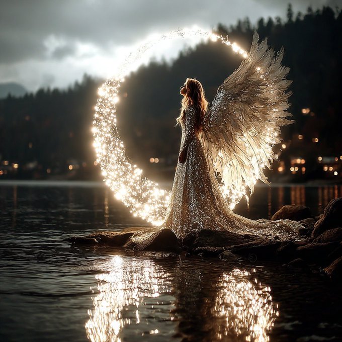 A fantasy illustration of a woman with large illuminated wings standing by a lake at dusk, with a glowing trail of light forming a heart shape around her.