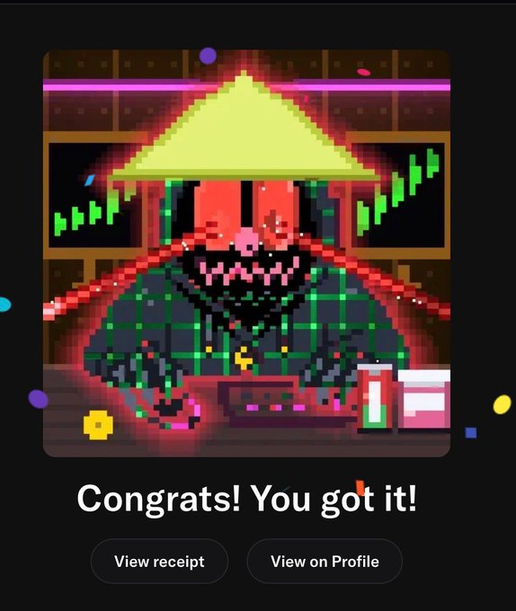 A pixel art NFT-style illustration of a character in a conical hat at a desk with stock charts, captioned 'Congrats! You got it!' with buttons for 'View receipt' and 'View on Profile'.