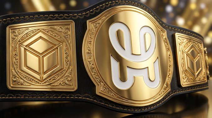 A close-up of a championship wrestling belt features ornate gold plates against black leather, with the central medallion displaying the intertwined white letters "OG." The title "Champion" reflects the prestigious, trophy-like aesthetic of the belt, symbolizing victory and dominance.