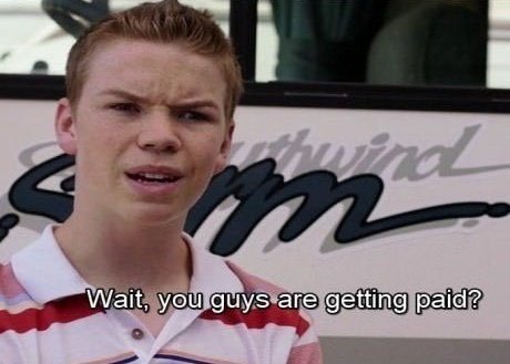 Meme showing a young red-haired boy in a striped shirt with the caption 'Wait, you guys are getting paid?' standing in front of a Southwind bus.