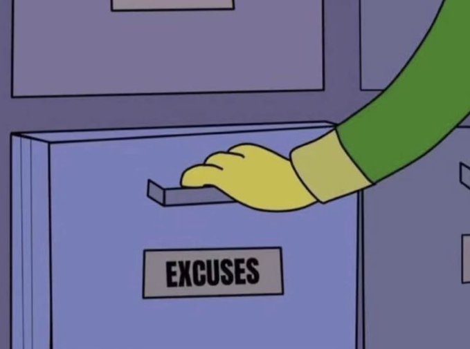 A cartoon hand opens a filing cabinet drawer labeled 'EXCUSES', humorously suggesting a well-organized collection of excuses.