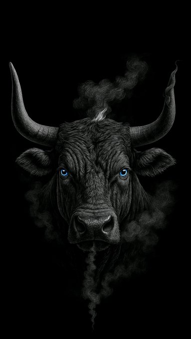 A dramatic black illustration of a bull's head with glowing blue eyes, smoke rising from between its horns, set against a dark background.