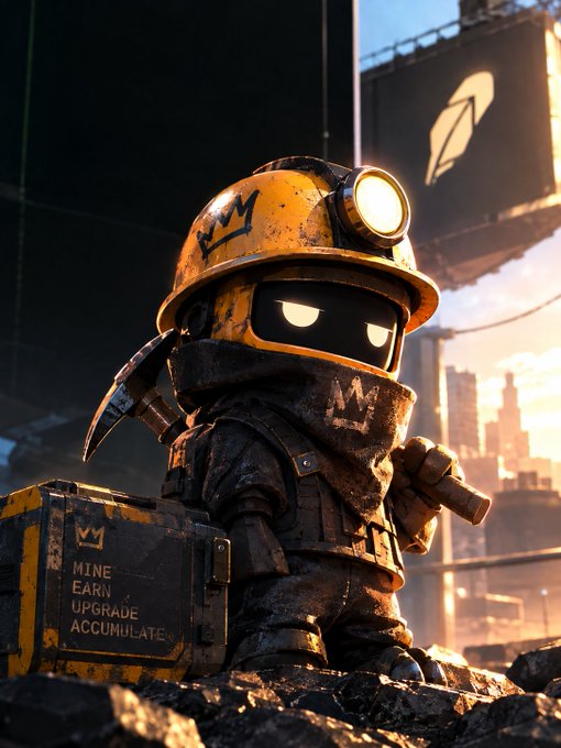 A 3D-rendered, rusty yellow robot character wearing a miner's helmet and holding a pickaxe stands on rubble, accompanied by a box labeled 'MINE EARN UPGRADE ACCUMULATE'.
