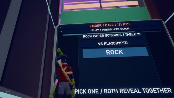A screenshot from a video game showing a 'Rock Paper Scissors' mini-game menu against 'PLAYCRYPTO,' with the player's avatar standing to the left.